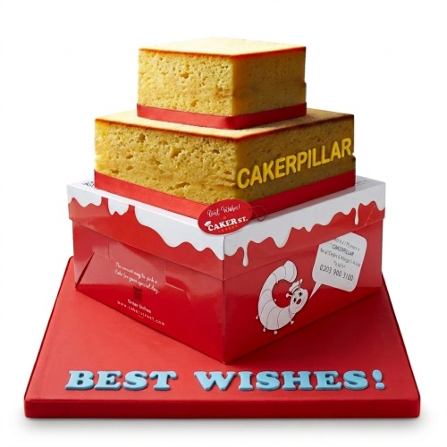 Two-tier square Cakerpillar birthday cake with red ribbons and "BEST WISHES!" message.