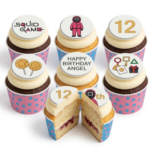 Squid Game themed cupcakes with iconic character, logo, and game symbol toppers, featuring custom age.