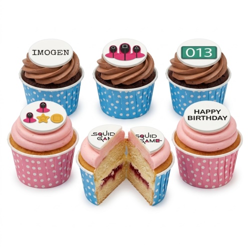 Set of Squid Game themed cupcakes with pink and brown frosting, featuring game symbols, logo, and customisable toppers.