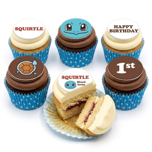 Set of Squirtle Pokémon themed cupcakes with vanilla and chocolate frosting, blue polka dot cases, and edible toppers including Squirtle face, shell, and 'Happy Birthday' and '1st' messages.