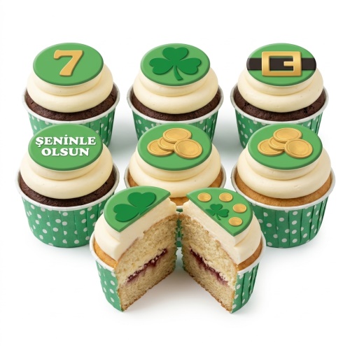 St. Patrick's Day cupcakes with green shamrocks, gold coins, leprechaun belt, and custom age topper.