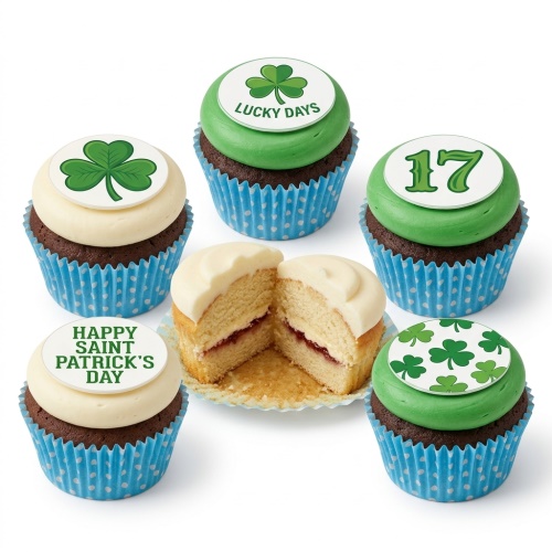 St. Patrick's Day cupcakes with green and white frosting, shamrock toppers, and festive messages.
