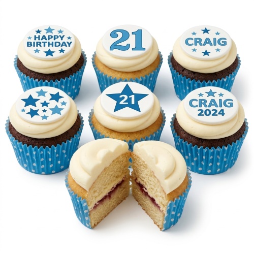 Blue and white star birthday cupcakes with custom age and name toppers