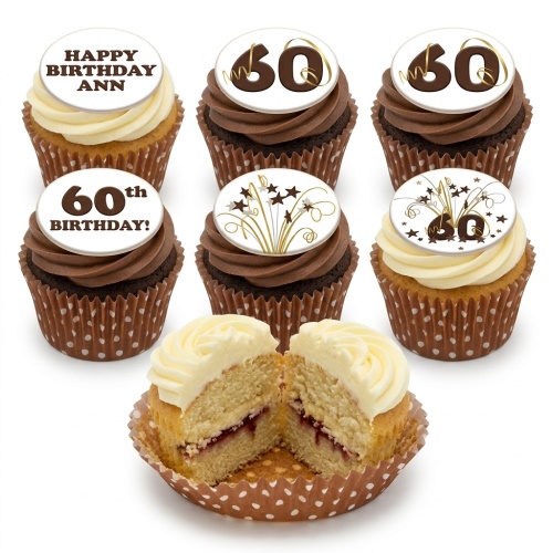 Assortment of vanilla and chocolate cupcakes with custom age and starburst toppers, in brown polka dot wrappers.