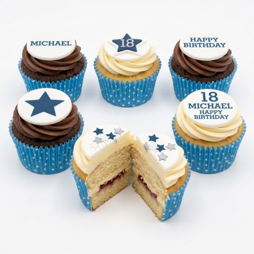 Star theme birthday cupcakes with blue and white star toppers, some showing custom age and name.