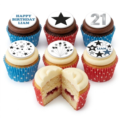 Assortment of star theme birthday cupcakes with custom age and personalised name toppers