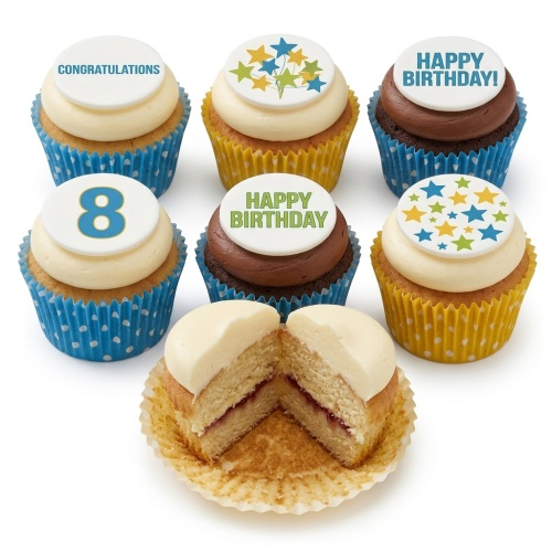 Assortment of birthday cupcakes with star and custom age toppers, including 'Happy Birthday' and 'Congratulations' messages.
