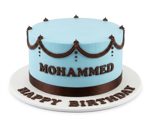 Round light blue birthday cake with dark brown piped swags and a custom name in dark brown fondant letters.