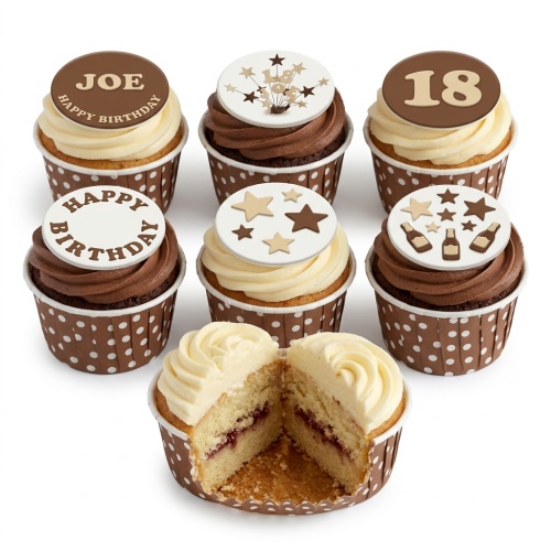 Six brown and cream adult birthday cupcakes with star, bottle, and custom age toppers.