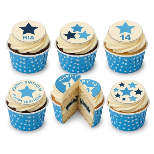 Six cupcakes with blue polka dot cases and white frosting, topped with various blue star designs and a custom age topper.