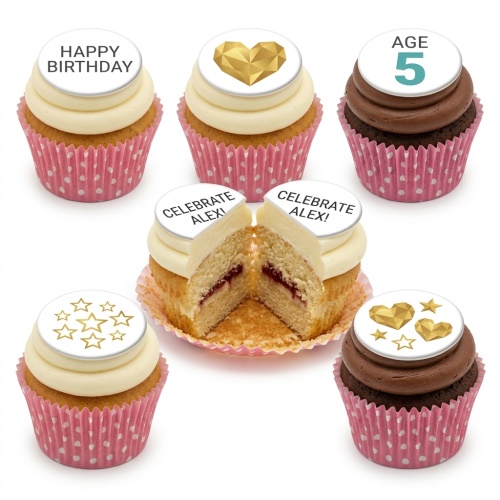 Set of personalised birthday cupcakes with white and chocolate frosting, gold hearts, stars, and custom message toppers.