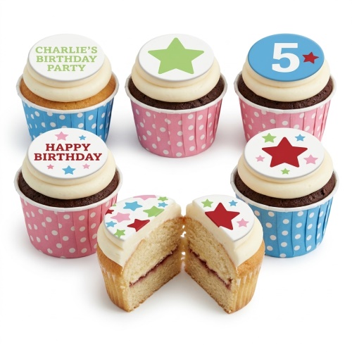 Assortment of star-themed kids birthday cupcakes with custom age and personalised messages in pink and blue polka dot wrappers.