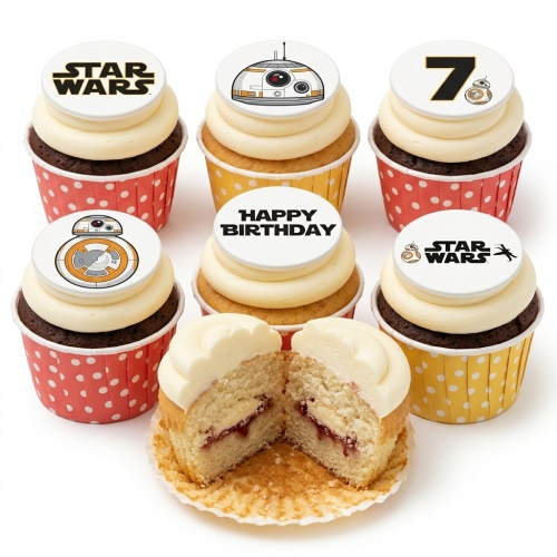Star Wars BB-8 themed birthday cupcakes with white frosting, red and yellow polka dot cases, and a custom age topper.