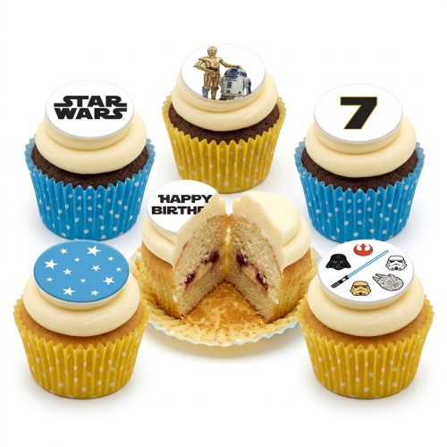 Star Wars themed cupcakes with character toppers, logo, and a custom age number 7 topper.