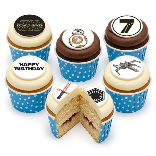 Star Wars themed cupcakes with character and symbol toppers, including BB-8, X-wing, Star Wars logo, and a 'Happy Birthday' message.
