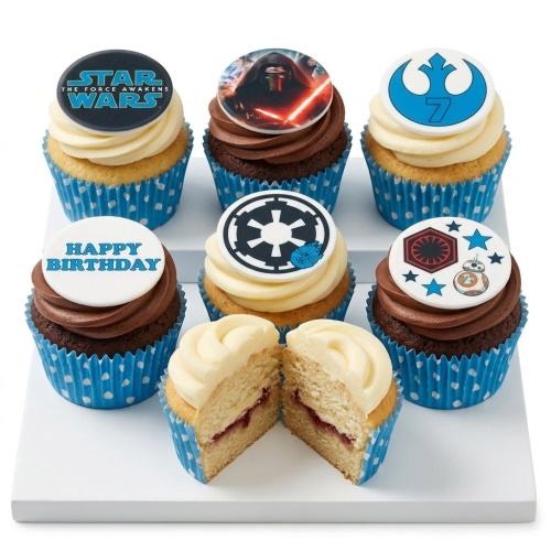 Star Wars themed birthday cupcakes with Kylo Ren, Rebel Alliance, Imperial, and BB-8 toppers, on vanilla and chocolate sponges.