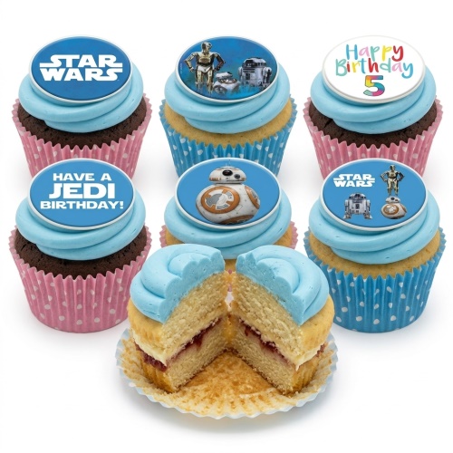 Star Wars themed cupcakes with blue frosting, character toppers, and 'Happy Birthday' message with a custom age.