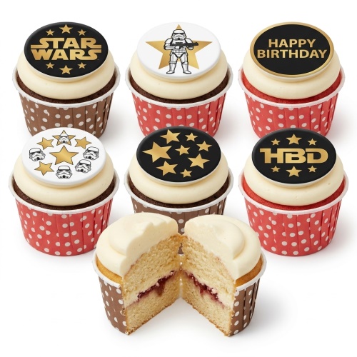 Star Wars themed cupcakes with Stormtrooper and logo toppers, in red and brown polka dot cases.