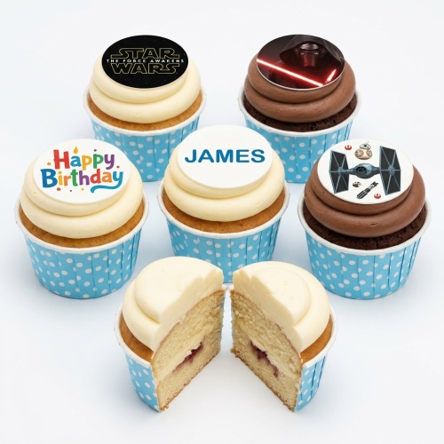 Star Wars themed cupcakes with various character and logo toppers, some with 'Happy Birthday' and a custom name.
