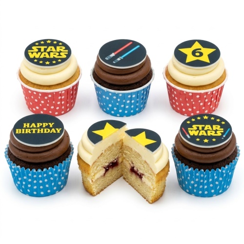 Six Star Wars themed cupcakes with vanilla and chocolate frosting, featuring Star Wars logo, lightsabers, and a custom age '6' topper.