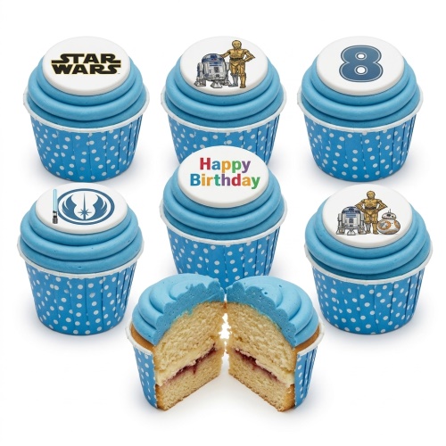 Star Wars themed birthday cupcakes with blue frosting and custom age topper, featuring R2-D2, C-3PO, BB-8, and Jedi Order symbols.