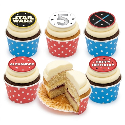 Star Wars themed cupcakes with logo, lightsabers, custom age topper, and personalised name example.