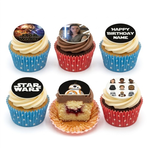 Star Wars themed cupcakes with character and logo edible toppers, some with personalised birthday message.