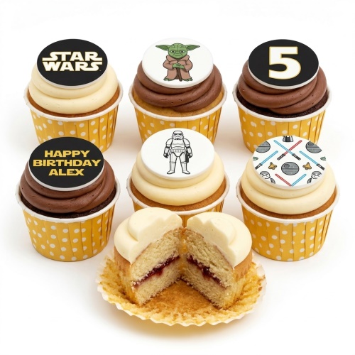 Star Wars themed cupcakes with Yoda, Stormtrooper, logo, lightsabers, and custom age topper.