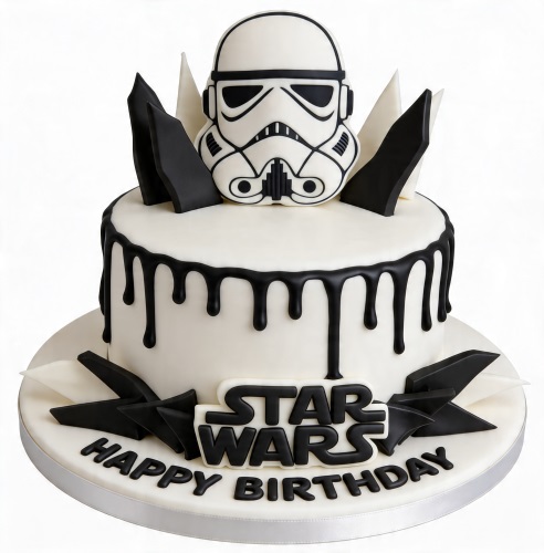 White and black Star Wars Stormtrooper birthday cake with drip icing and logo.