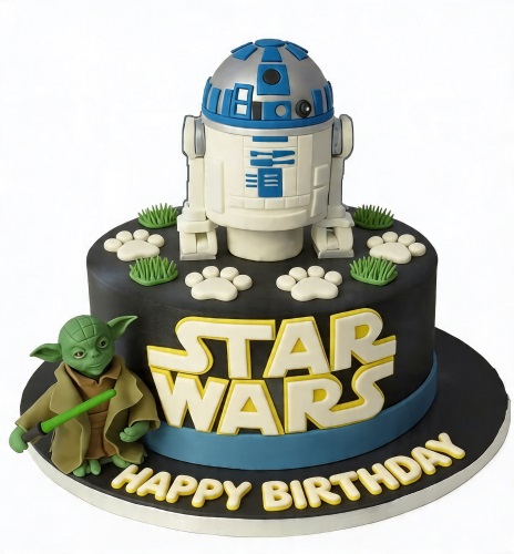 Round black Star Wars birthday cake with R2-D2, Yoda, and Star Wars logo.