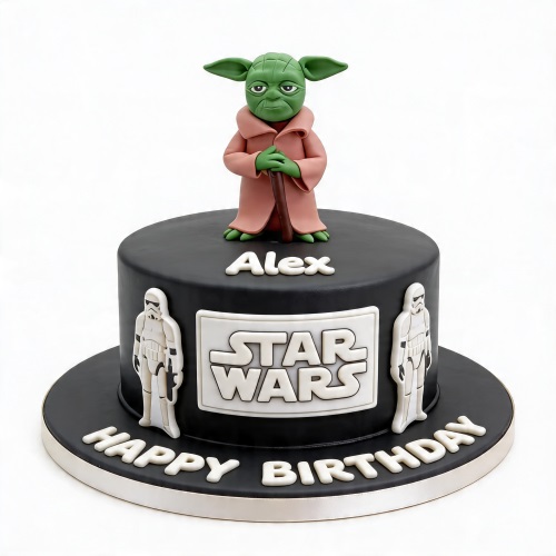 Black Star Wars birthday cake with Yoda topper, Stormtroopers, and custom message.