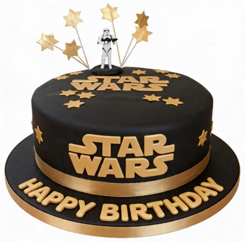 Round black Star Wars birthday cake with gold logo, stars, and a Stormtrooper figure topper.