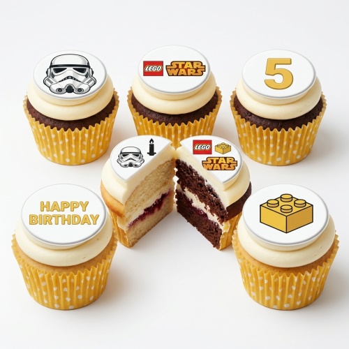 LEGO Star Wars themed birthday cupcakes with Stormtrooper, logo, LEGO brick, and custom age topper