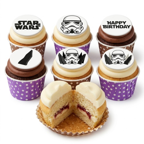 Star Wars themed cupcakes with Stormtrooper helmets and logo toppers, some with 'Happy Birthday' message.