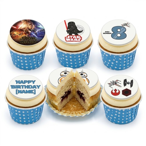 Star Wars themed cupcakes with Darth Vader, BB-8, and custom age and name toppers.