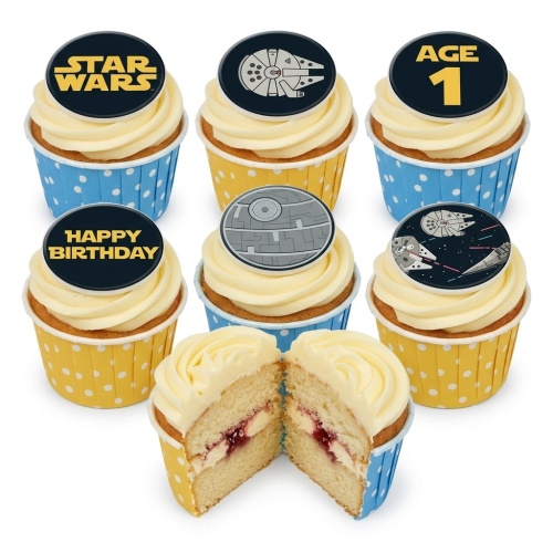 Star Wars themed birthday cupcakes with Millennium Falcon, Death Star, and logo toppers in blue and yellow cases.