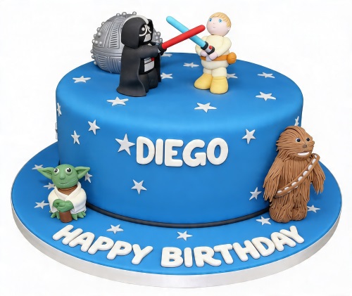 Blue Star Wars themed birthday cake with Darth Vader, Luke, Yoda, and Chewbacca figures.