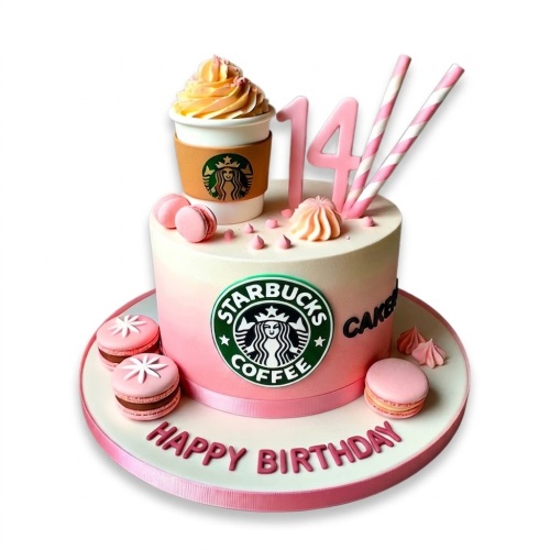 Round pink ombre Starbucks themed birthday cake with coffee cup, macarons, and custom age topper.