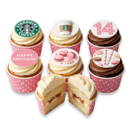 Round pink ombre Starbucks themed birthday cupcakes with coffee cup, macarons, and custom age topper.