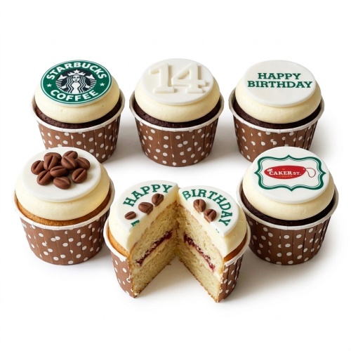 Assortment of coffee-themed birthday cupcakes with Starbucks logo, coffee beans, and custom age topper.