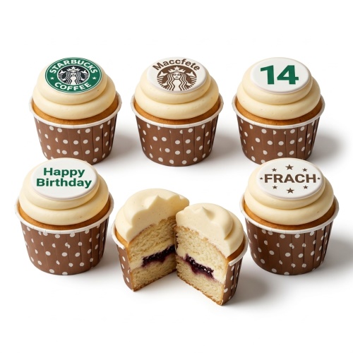 Vanilla cupcakes with cream frosting and custom edible toppers for birthdays and events