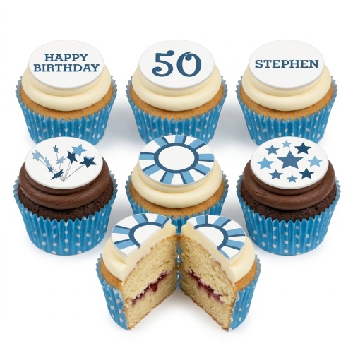 Cupcakes with casino poker chip, starburst, custom age, and name toppers in blue and white.
