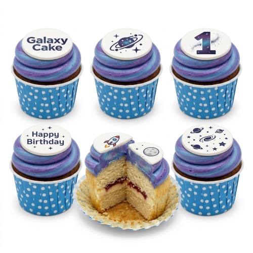 Galaxy themed cupcakes with purple and blue frosting, space toppers, and a custom age '1'.