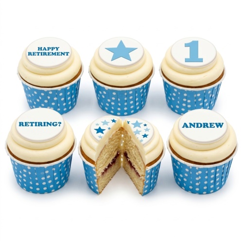 Six blue and white cupcakes with star designs and customisable message toppers.