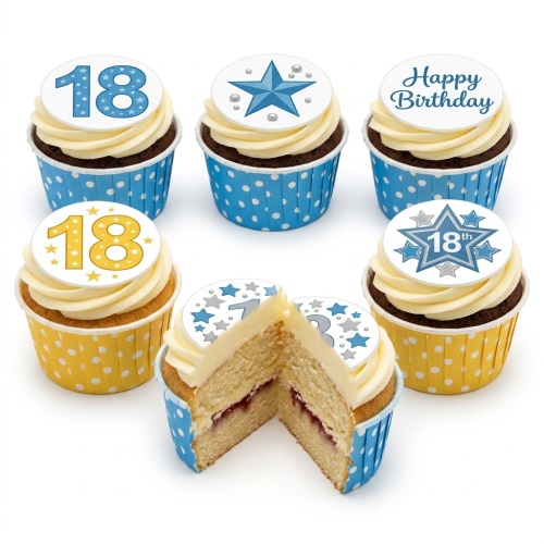 Star theme birthday cupcakes with custom age and 'Happy Birthday' toppers in blue and yellow cases.