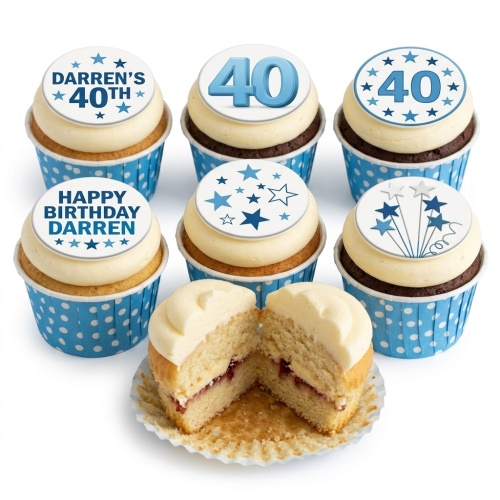 A selection of birthday cupcakes with white frosting and blue star themed edible toppers, some featuring a custom age and personalised message, in blue polka dot cases.