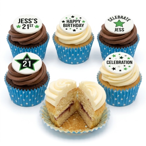 Chocolate and vanilla cupcakes with white and green star toppers, some with 'Happy Birthday' and 'Celebration' text.