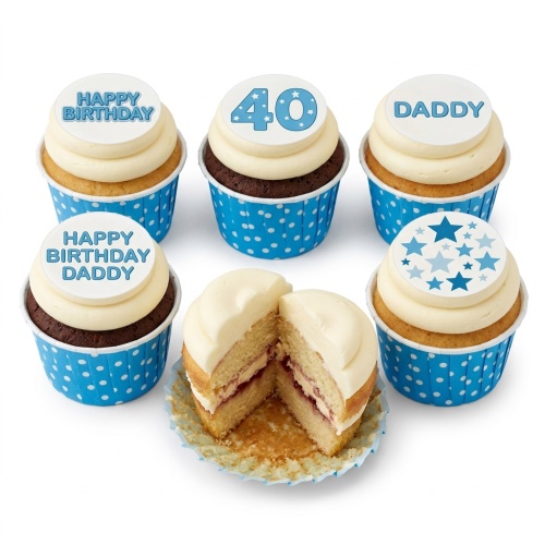 Six birthday cupcakes with blue and white polka dot cases, cream frosting, and blue star and message toppers.