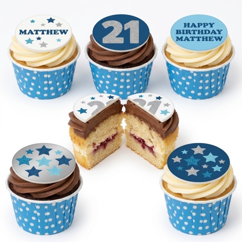 Cupcakes with blue and silver star toppers, some with custom age and name examples, in blue polka dot wrappers.