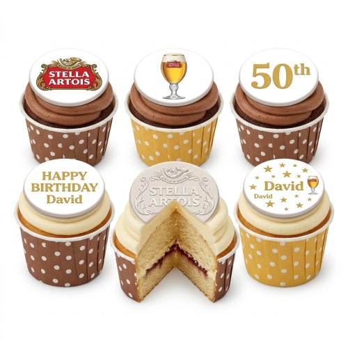 Stella Artois themed birthday cupcakes with beer glass and logo toppers, some with custom age and name.